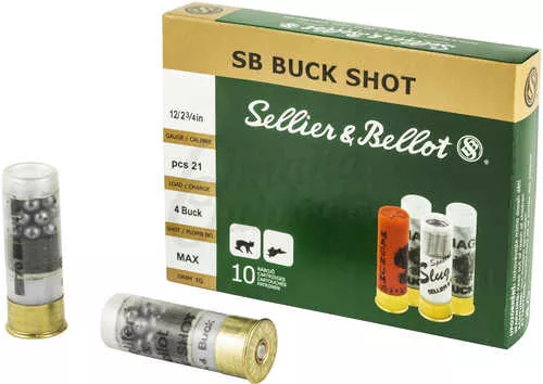 12 Gauge 10 Rounds Ammunition Sellier & Bellot 2 3/4" 21 Pellets Lead #4 Buck