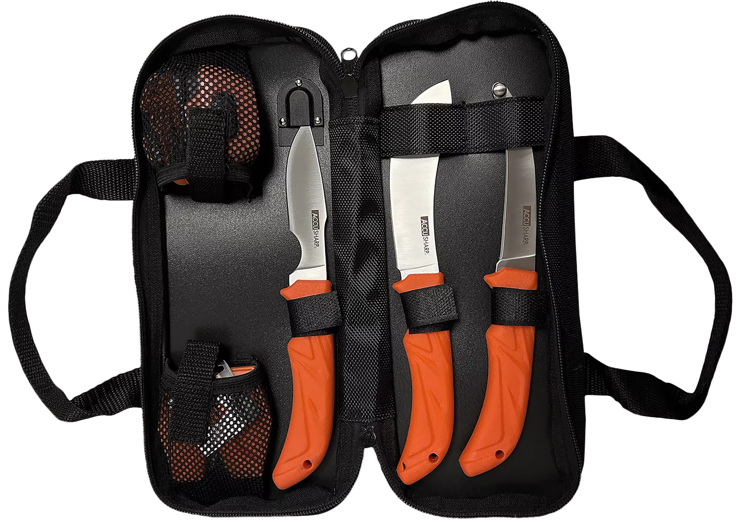 AccuSharp 738C Processing KitFixed Butcher/Caping/Gutting Plain Stainless Steel Blades/Blaze Orange Non-Slip Grip 6 Piece Includes Nylon Case