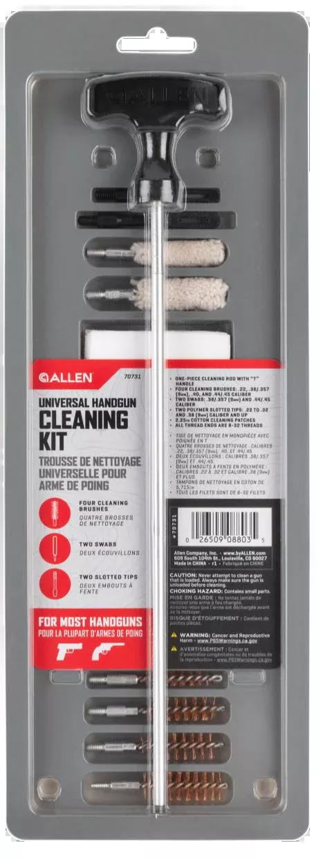 Allen Universal Handgun Cleaning Kit for .22 to .45 Caliber Pistols with Rod, Brushes & Mops 70731