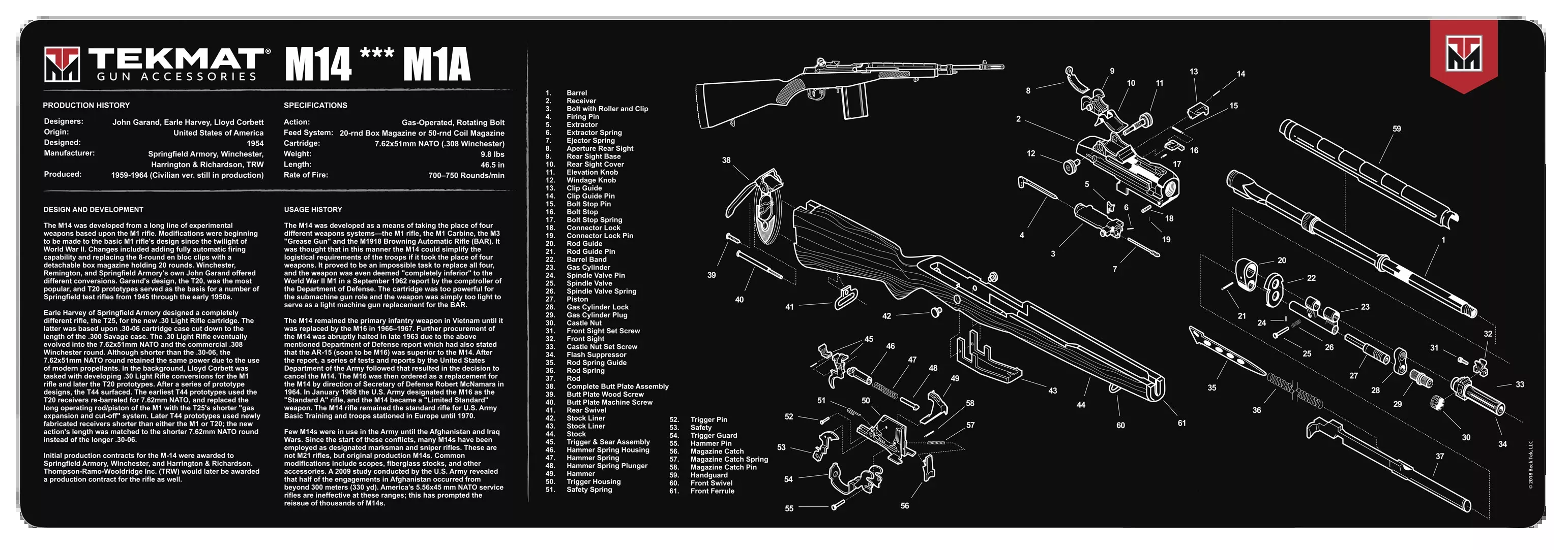 BECK TEK, LLC (TEKMAT) M14/M1A Gun Cleaning Mat, 12 x 36 inches, Parts Diagram - TEKR36M14
