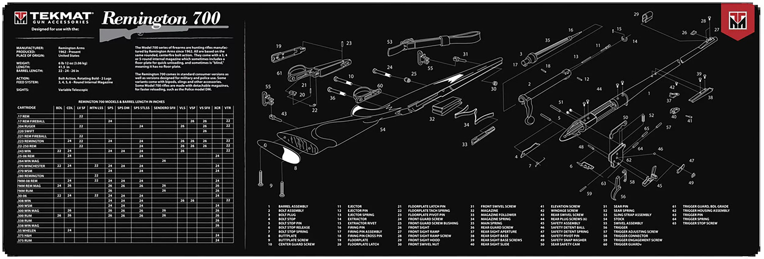 BECK TEK, LLC (TEKMAT) Remington 700 Gun Cleaning Mat, 12x36, Non-Slip Rubber, Parts Diagram TEKR36REM700