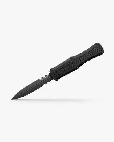 Benchmade 3370SGY Claymore OTF AUTO Knife - 3.89" CPM-D2 Smoke Gray PVD Double Edge Partially Serrated Dagger Blade, Black Grivory Handles