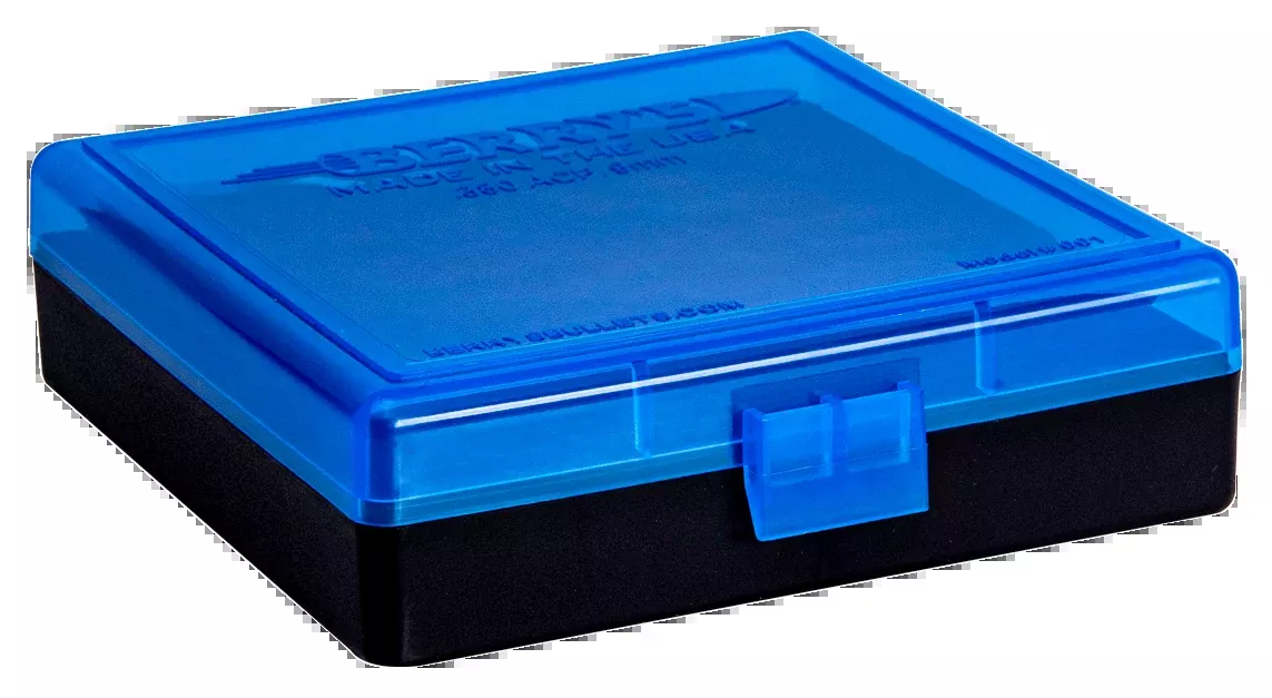 Berry's Ammo Box #001 for 9mm and .380 ACP, Blue/Black Polypropylene, 100-Round Storage – 69874