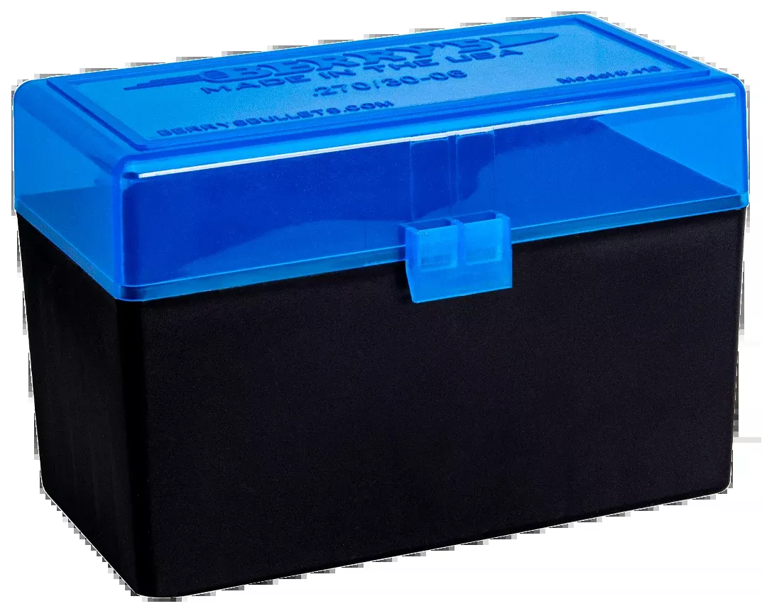 Berrys #410 Ammo Box, Blue Lid/Black Base, 50-Round Polypropylene for .270 Winchester & .30-06 Springfield, 50199