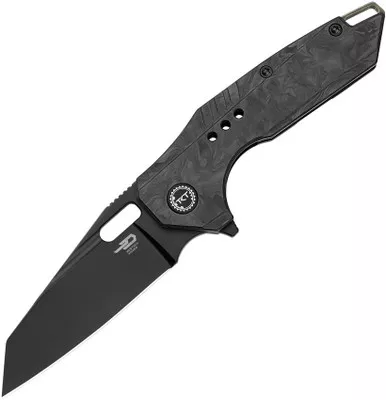 Bestech Knives Nyxie 3 Frame Lock Flipper Knife - 2.99" S35VN Black DLC Reverse Tanto Blade, Marbled Carbon Fiber and Black Titanium Handles - BT2308D