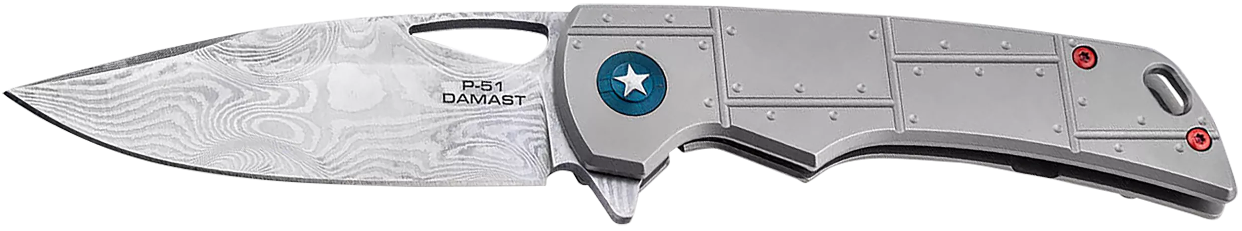 Boker 01BO910DAM P-51 Damast3.35" Drop Point Plain Silver Acid Etch Damascus Blade Titanium Handle