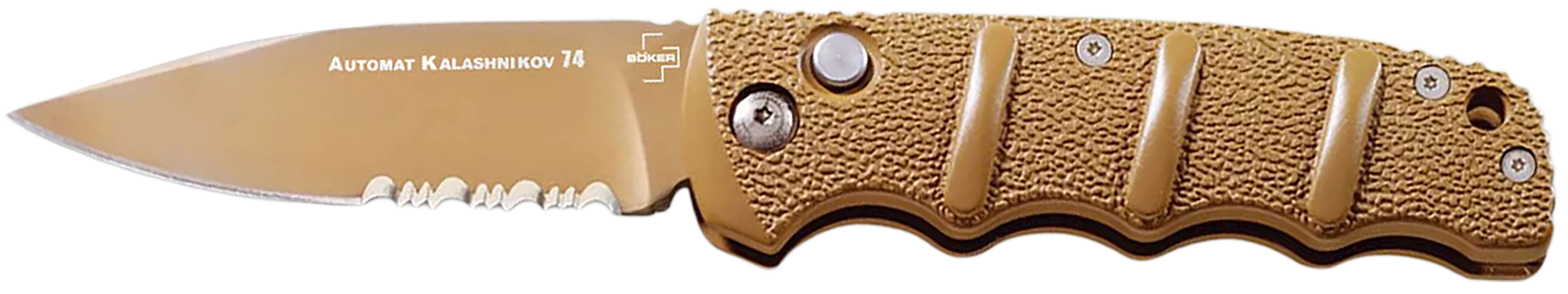 Boker 01KALS103Kalashnikov 3.35" Spear Point Plain/Serrated Desert D2 Steel Blade Aluminum Handle