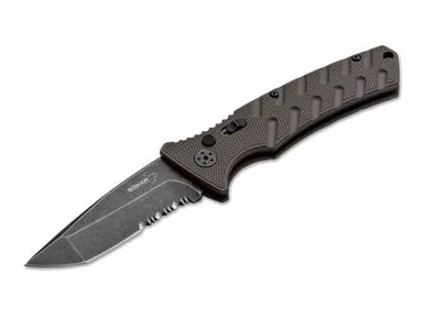 Boker Plus Strike Auto Folding Knife - 3.35" D2 Blackwash Tanto Partially Serrated Blade, Coyote Milled Aluminum Handles, Button Lock - 01BO461