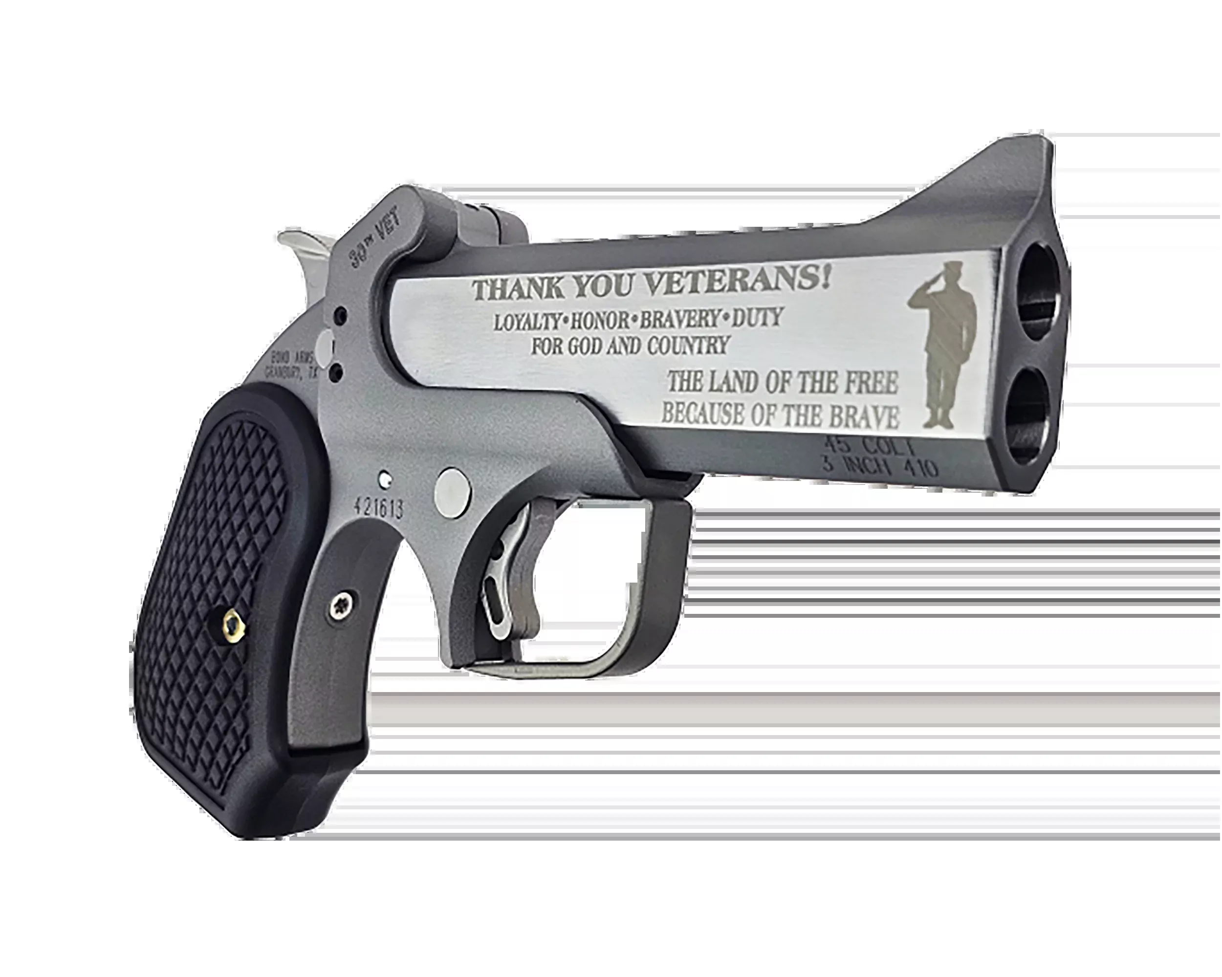 Bond Arms 30th Vet Rough Series 45 Colt/410 Bore 4.25" 2rd Break-Action Pistol - Engraved Rough Matte