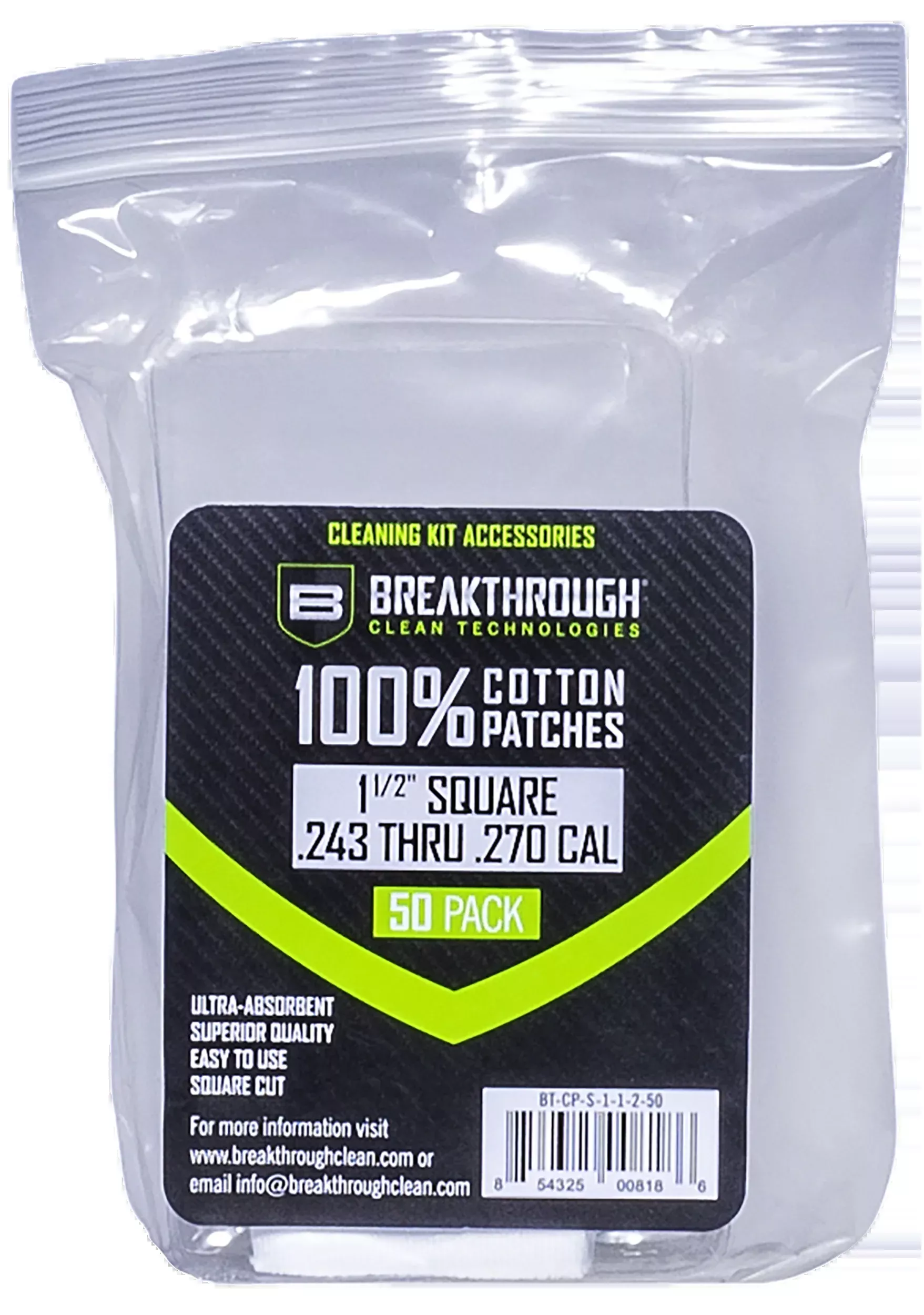 Breakthrough Clean Cotton Gun Cleaning Patches, 1.5-in Square for .243–.270 Caliber, 50 Pack, BTCPS11250