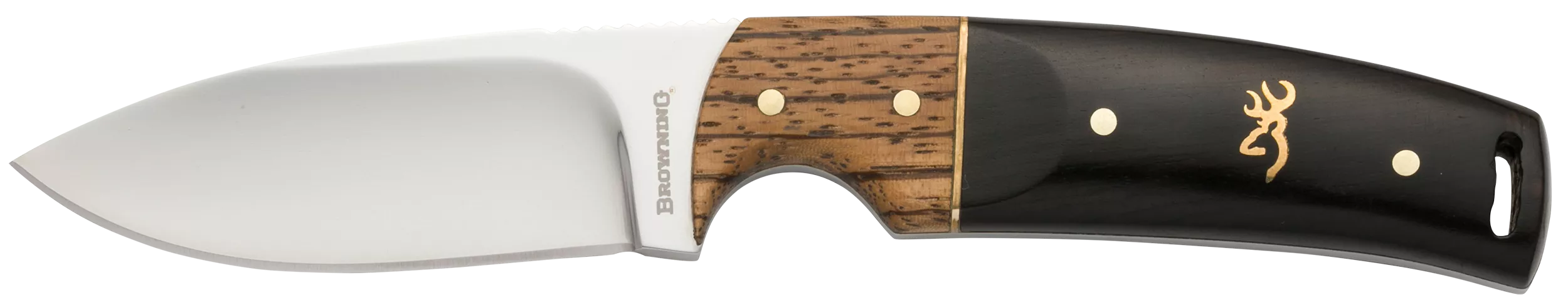 Browning 3220271 Buckmark Hunter EDC 3.13" Fixed Drop Point, Plain Mirror Polished 8Cr14MoV SS Blade, Black/Zebra Finger Grooved w/Brass Accents Hardwood Handle, Includes Sheath