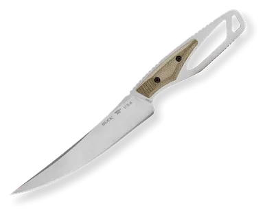Buck BU636GRS PakLite Processor Pro Fixed Blade Knife - 5.25" S35VN Stonewashed Trailing Point Blade, Skeletonized Steel Handle with Green Canvas Micarta Handle Slabs, Polypropylene Sheath - 13513