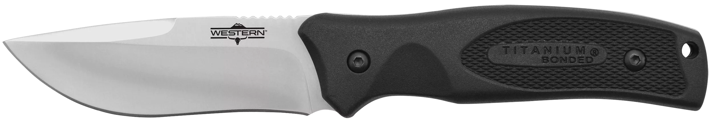 Camillus 19232 Western Black River 3.75" Fixed Drop Point Plain Satin 420 Steel Titanium Bonded Blade, Black Rubber Handle, Includes Sheath