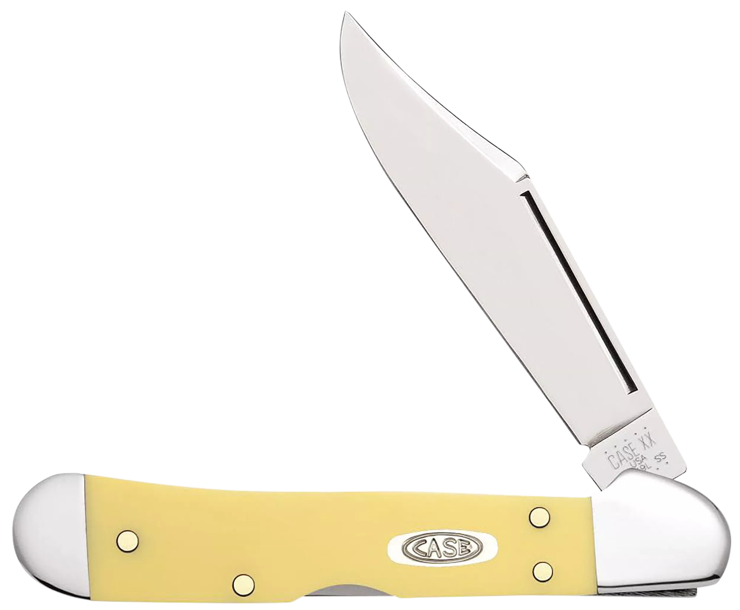 Case 30116 CopperLockMini 2.72" Folding Clip Point Plain Mirror Polished Carbon Steel Blade, Yellow Synthetic Handle