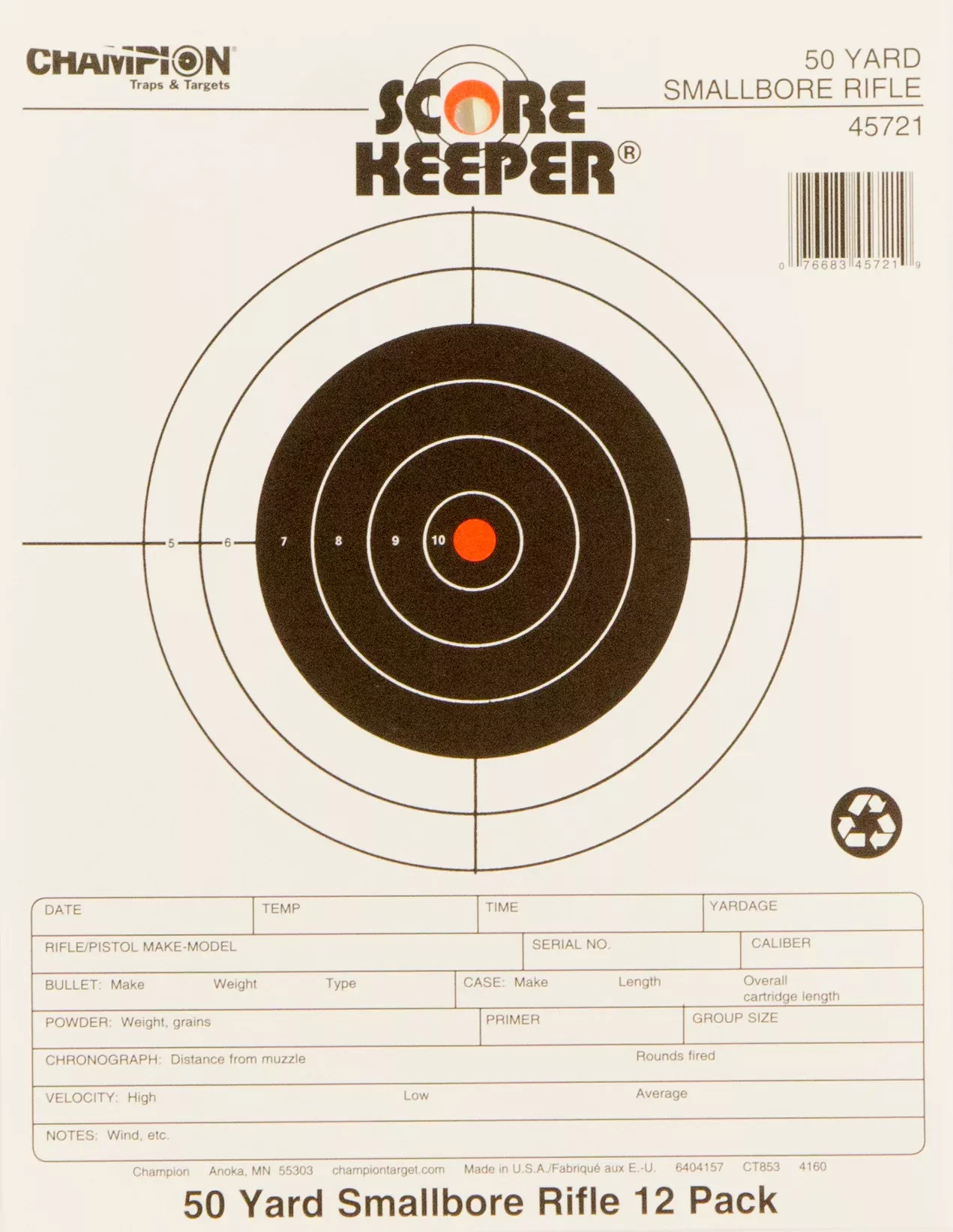 Champion Targets 45721 Score Keeper 50 yd Small Bore Rifle 8.5x11 Bullseye Paper Target 12 Pack