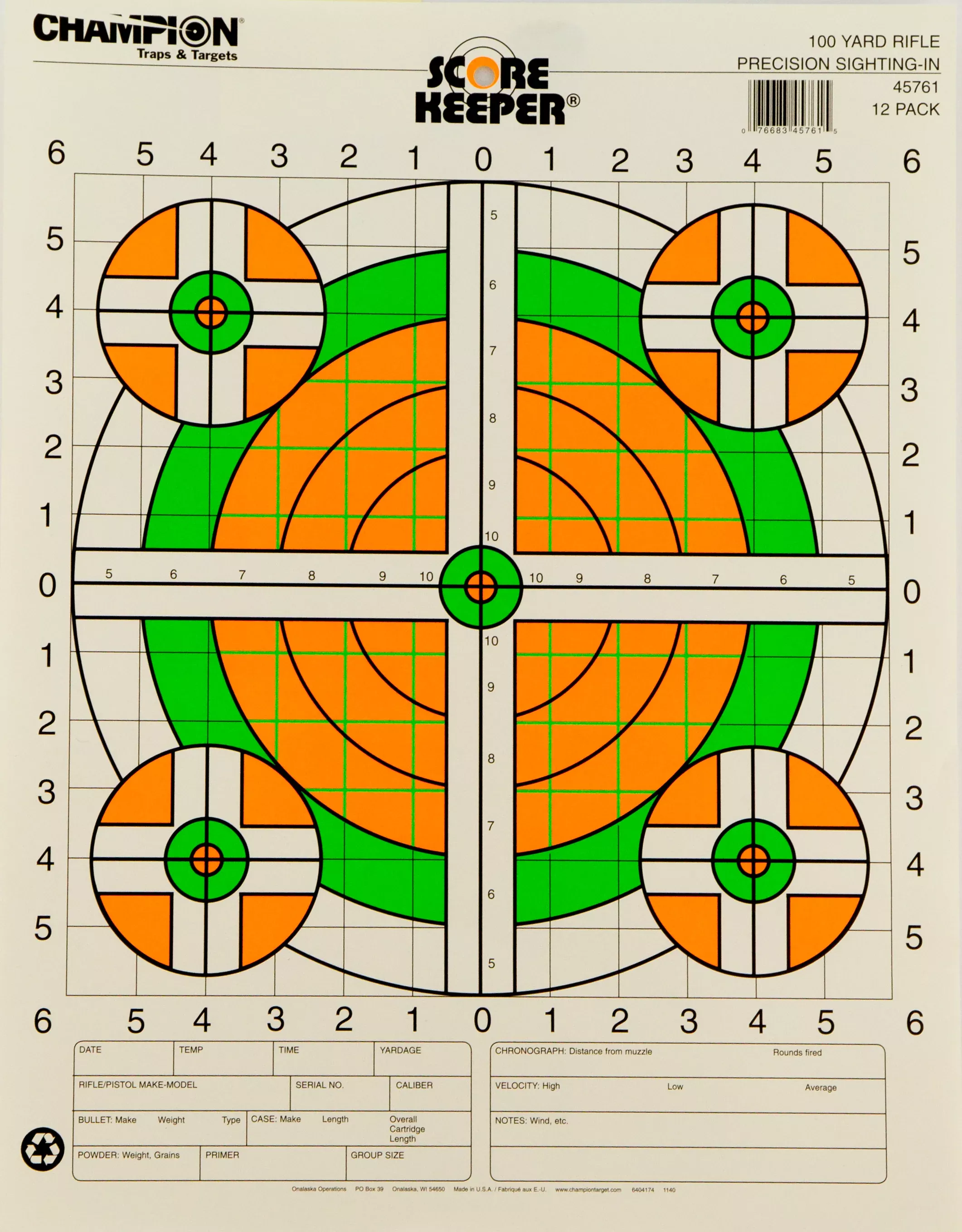 Champion Targets Score Keeper 100yd Sight-In 14x18 Bullseye Green/Orange Hanging Paper Rifle Target 12 Pack