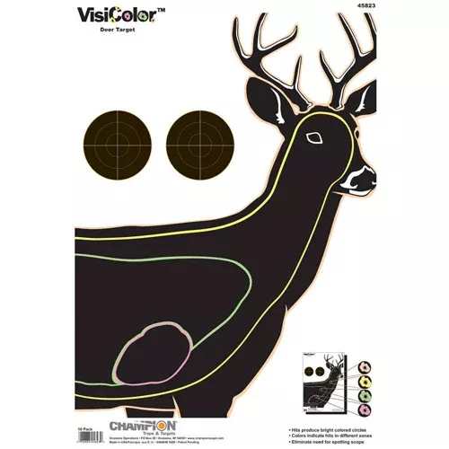 Champion VisiColor Deer Shooting Targets, 13x18 Paper, Reactive Hit Indicators, 10-Pack - CHA45823