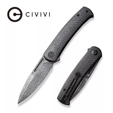 CIVIVI Knives Caetus Liner Lock Flipper Knife - 3.48" Damascus Spear Point Blade, Twill Carbon Fiber Handles - C21025C-DS1