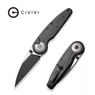 CIVIVI Knives Starflare Button Lock Folding Knife - 3.3" Nitro-V Two-Tone Wharncliffe Blade, Milled Black Aluminum Handles - C23052-1