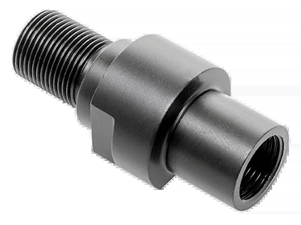 CMMG PS90 Thread Adapter, M12x1.0 Left-Hand to 1/2-28 Right-Hand, Black Steel — 57DA53A
