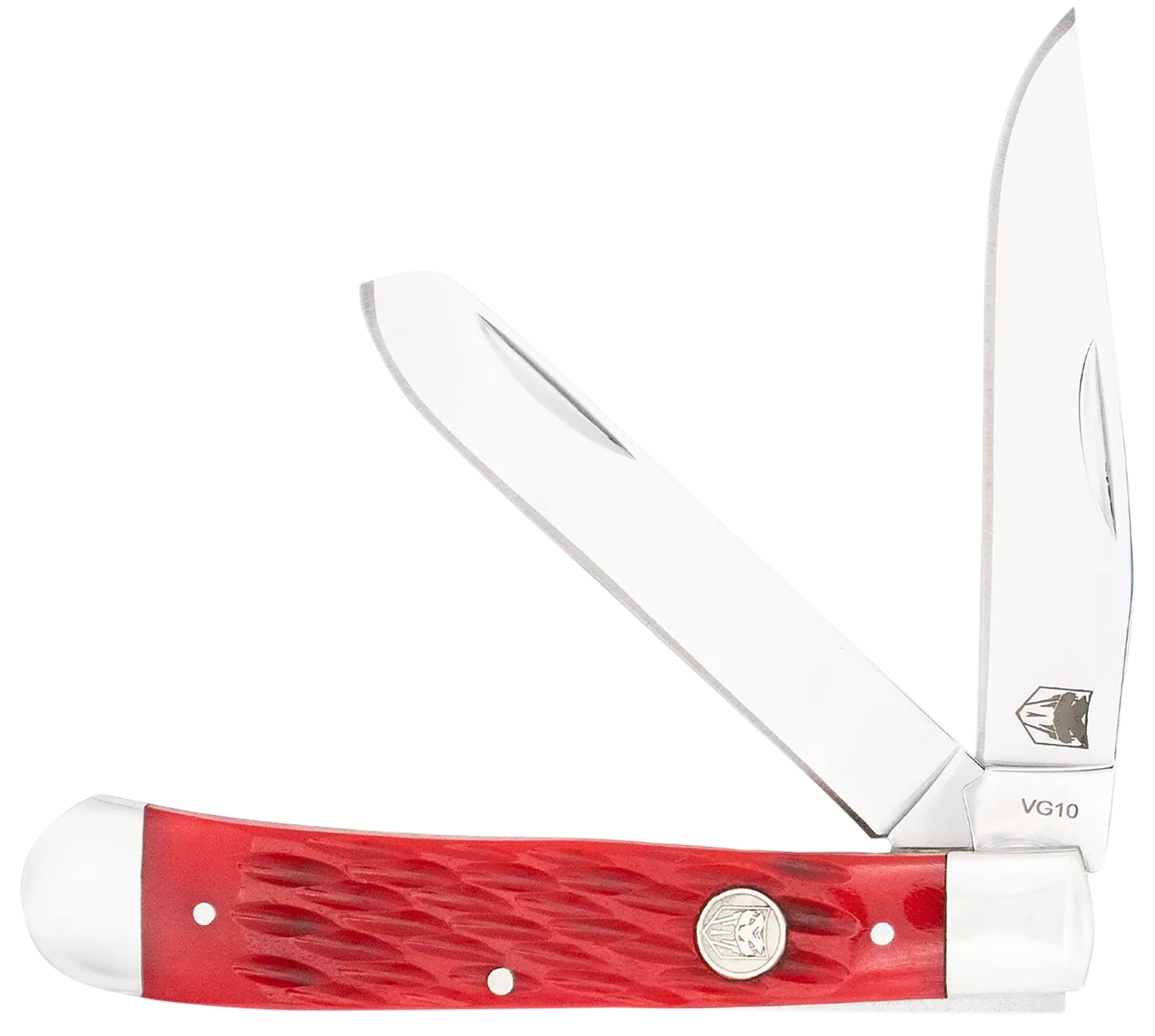 CobraTec Knives CTTDTRPREDBN TrapperFolding 2.88" Clip Point, 2.94" Spey Plain Polished VG-10 SS Blades, 4.44" Red Bone Scales/SS Handle