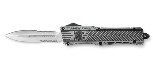 CobraTec Knives LSWCTK1LDG2SS CTK-1Large 3.75" OTF Dagger Part Serrated D2 Steel Blade/ Stonewashed Aluminum Handle Features Glass Breaker Includes Pocket Clip