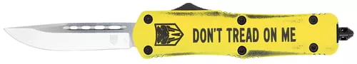 CobraTec Knives MDTOMFS3DNS FS-3 Dont Tread On Me Medium 3" OTF Drop Point Plain D2 Steel Blade Yellow w/"Dont Tread On Me" Aluminum Cerakoted Handle Features Glass Breaker Includes Pocket Clip