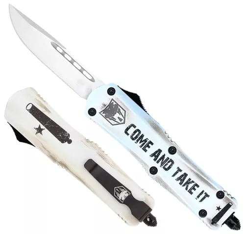Cobratec Knives Scatifs3dns Fs- 3 Come And Take It Small 3 " Otf Drop Point Plain D2 Steel Blade 4.50 " White " Come And Take It " Aluminum Cerakoted Handle Includes Glass Breaker/Pocket Clip