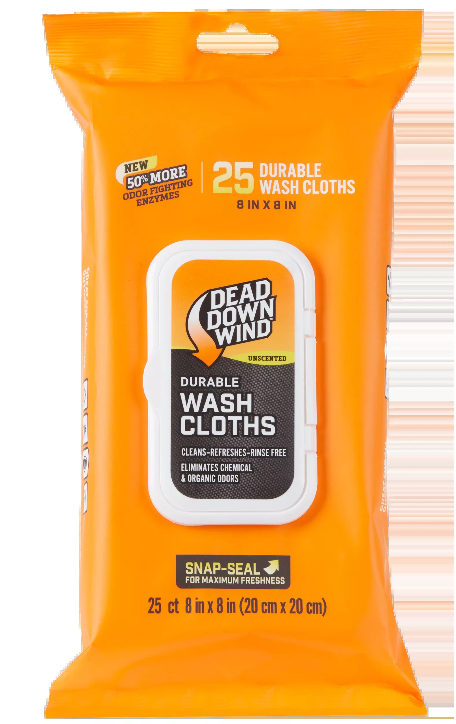 Dead Down Wind Durable Wash Cloths, Unscented 25-Pack 8x8 Rinse-Free Enzyme Formula 1355