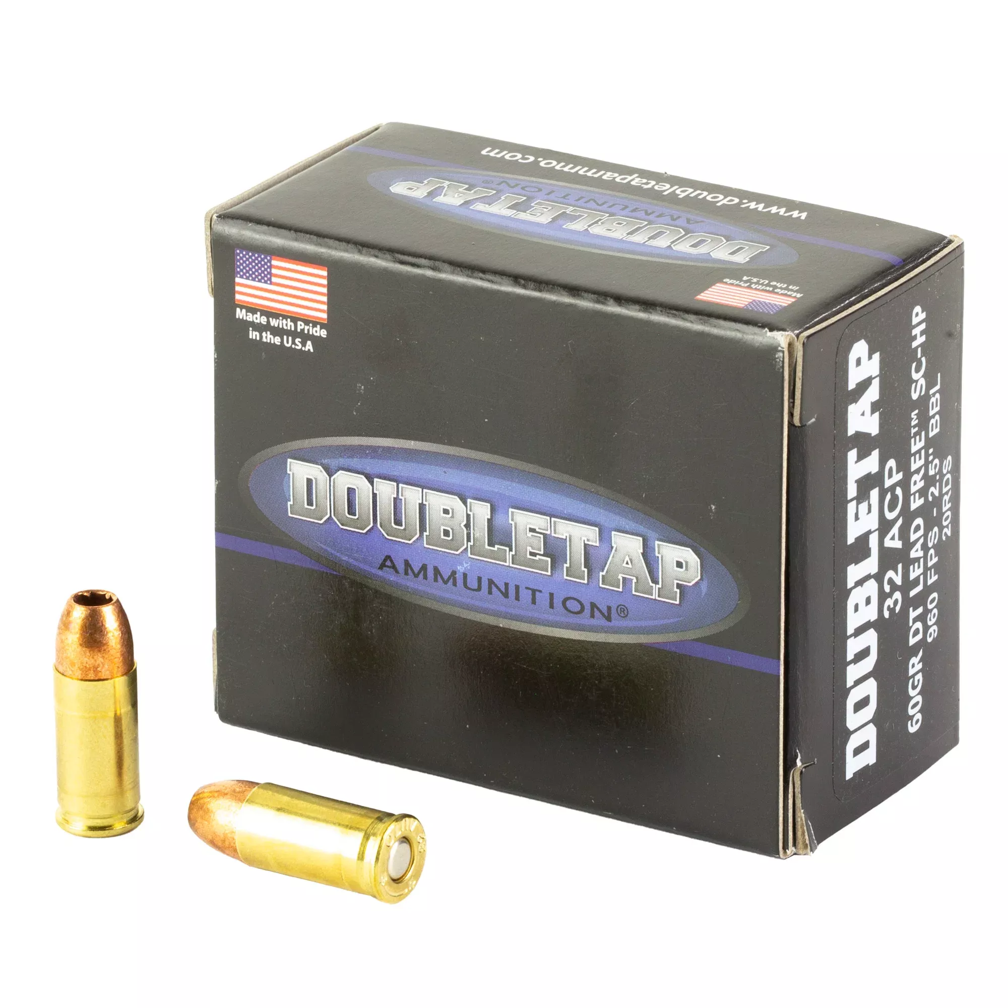 DoubleTap Ammunition Lead Free .32 ACP 60 Grain Solid Copper Hollow Point Ammo, 20-Round Box 32A60X