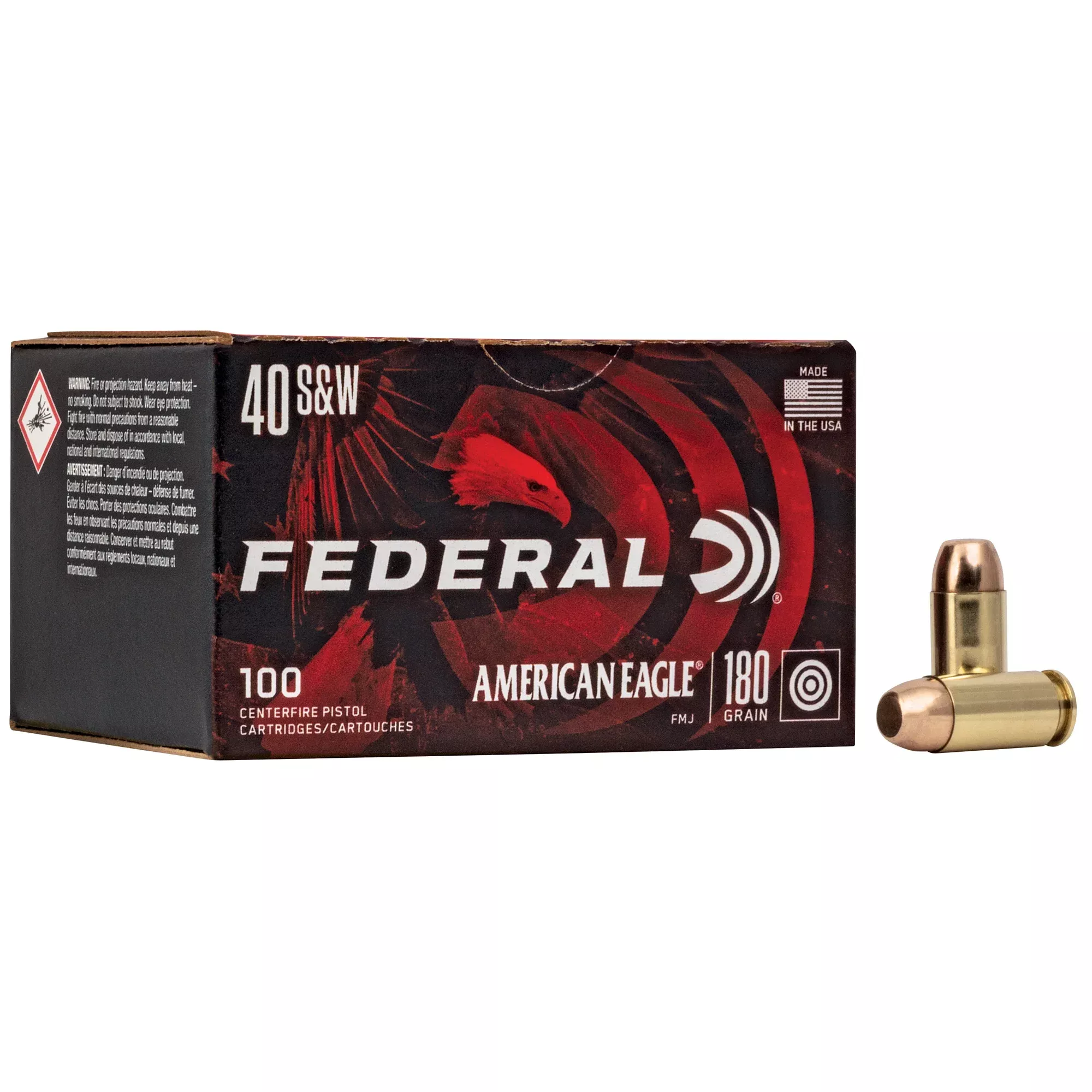 Federal American Eagle .40 Smith & Wesson 180 Grain Full Metal Jacket Handgun Ammo, AE40R100