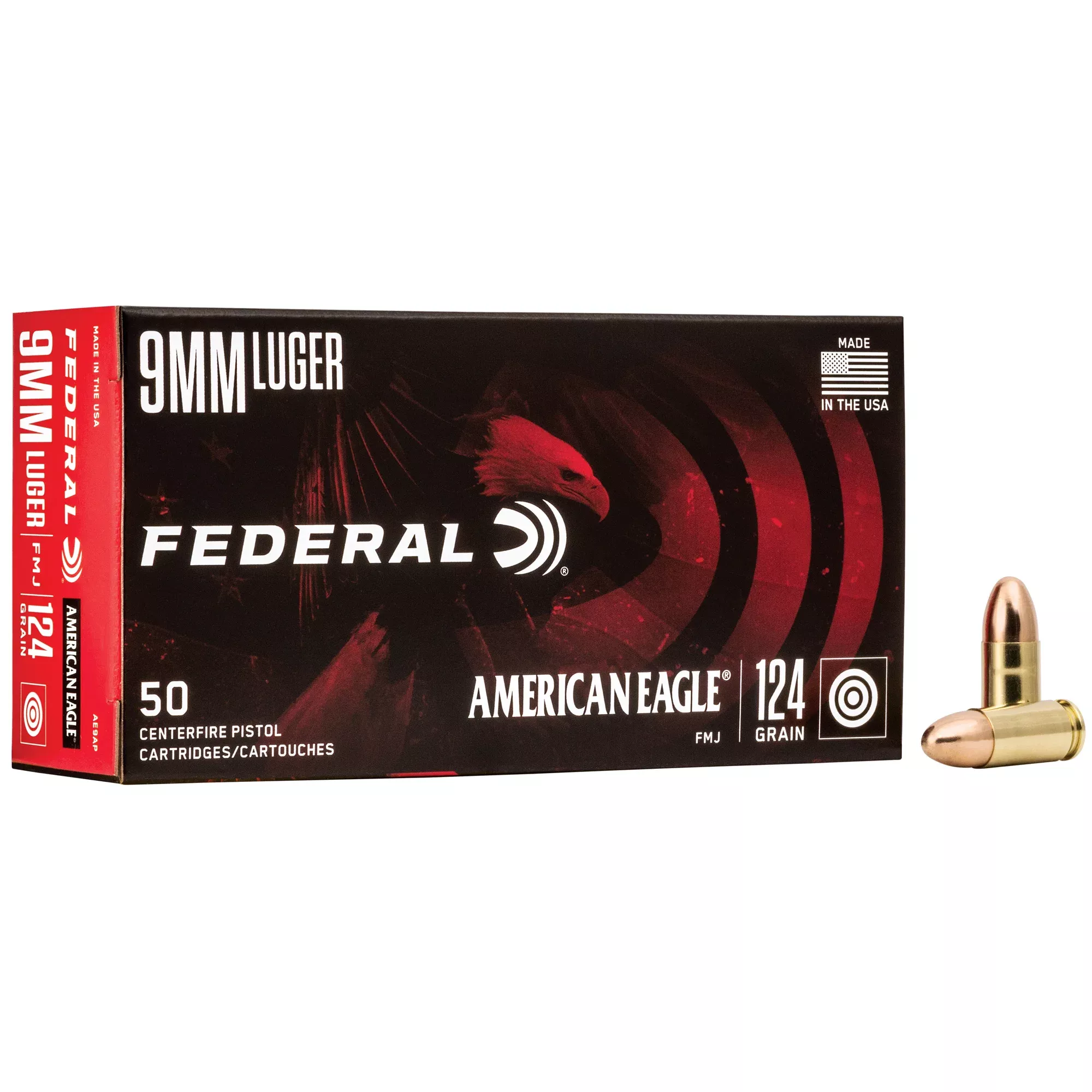 Federal American Eagle 9mm Luger 124 Grain FMJ Handgun Target Ammo, 50-Round Box AE9AP