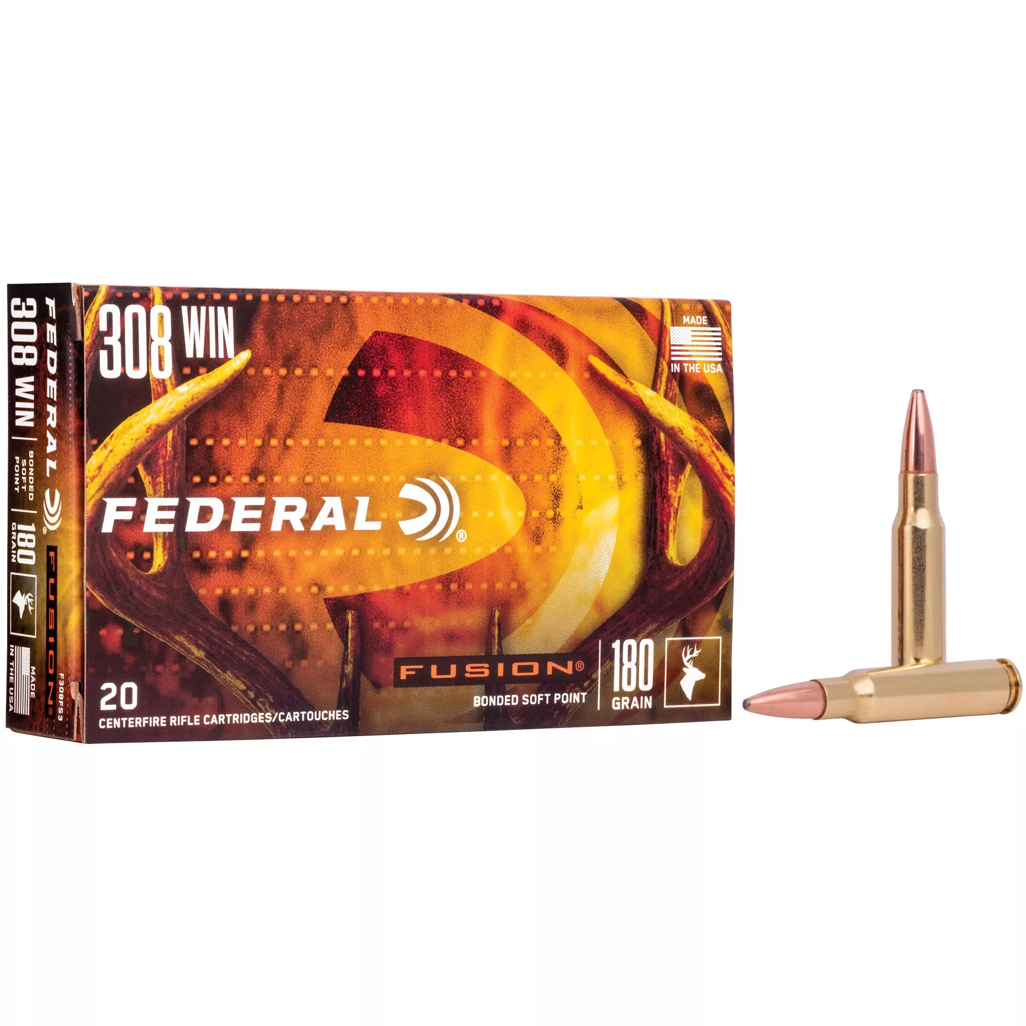 Federal Fusion 308 Winchester 180 Grain Bonded Soft Point Rifle Ammo, 20 Rounds F308FS3