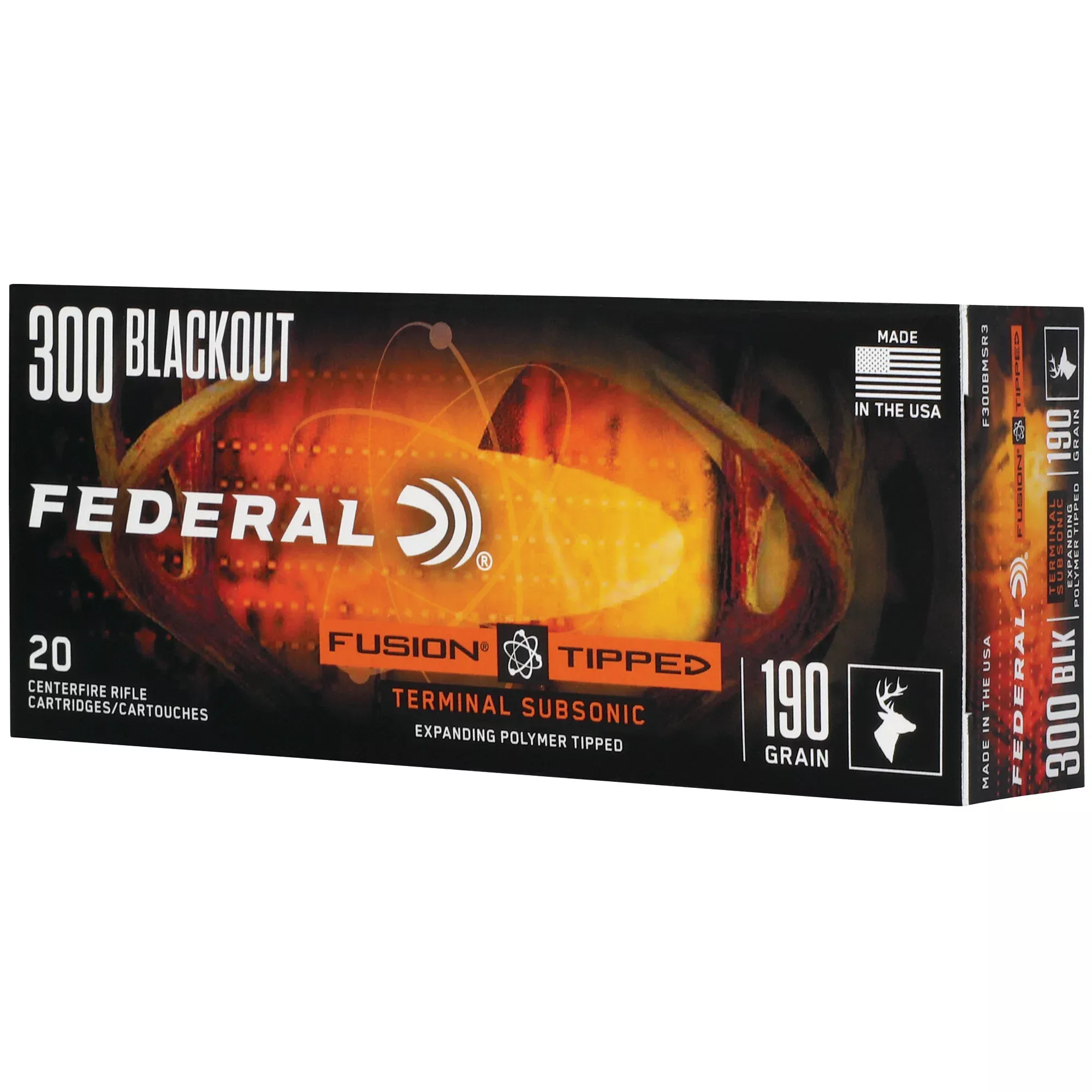 Federal Fusion Tipped Subsonic 300 Blackout 190gr Expanding Polymer Tip Rifle Ammo 20rd F300BMSR3