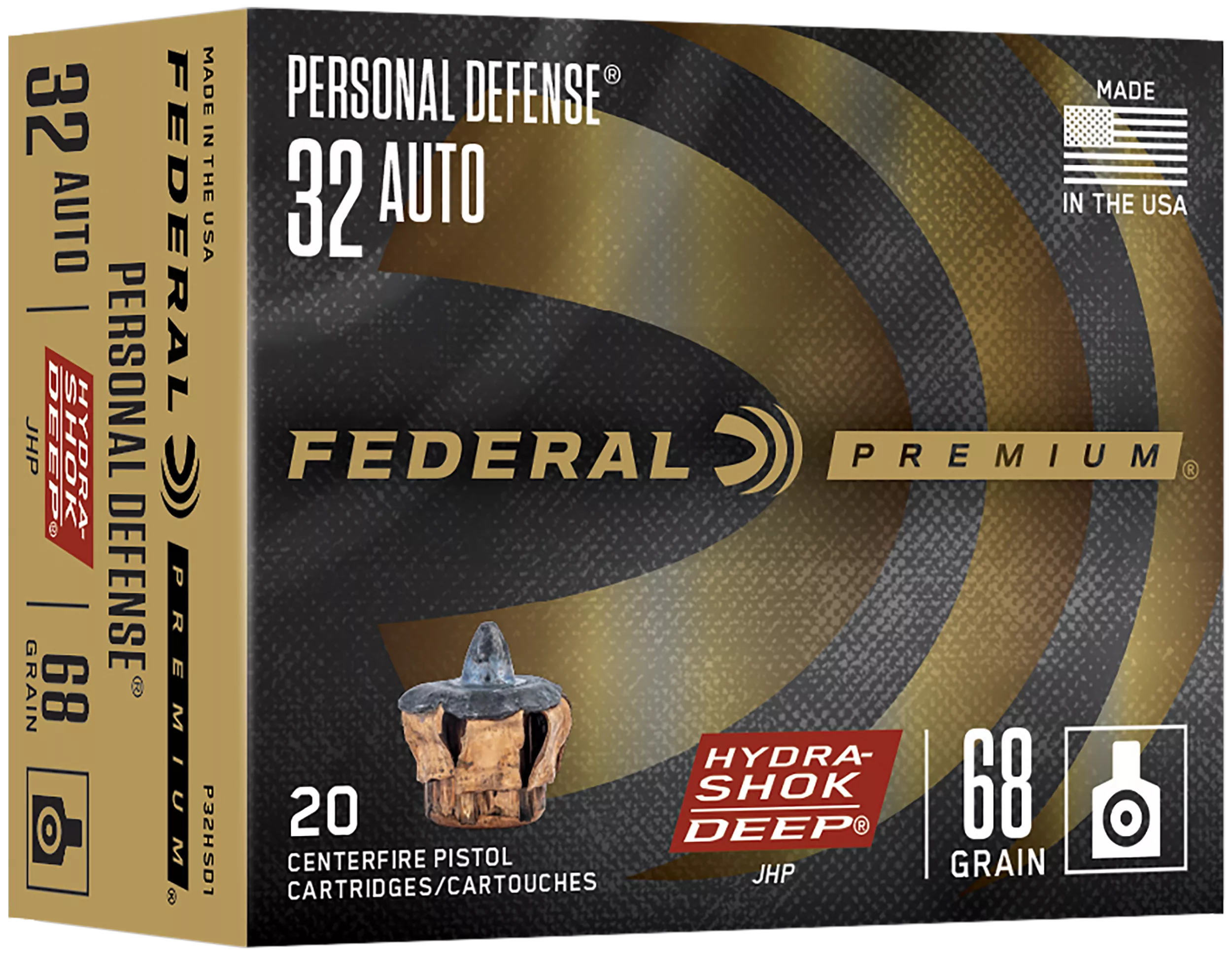 Federal P32HSD1 Hydra-Shok Deep Personal Defense 32ACP 68gr Jacketed Hollow Point 20 Per Box/10 Case