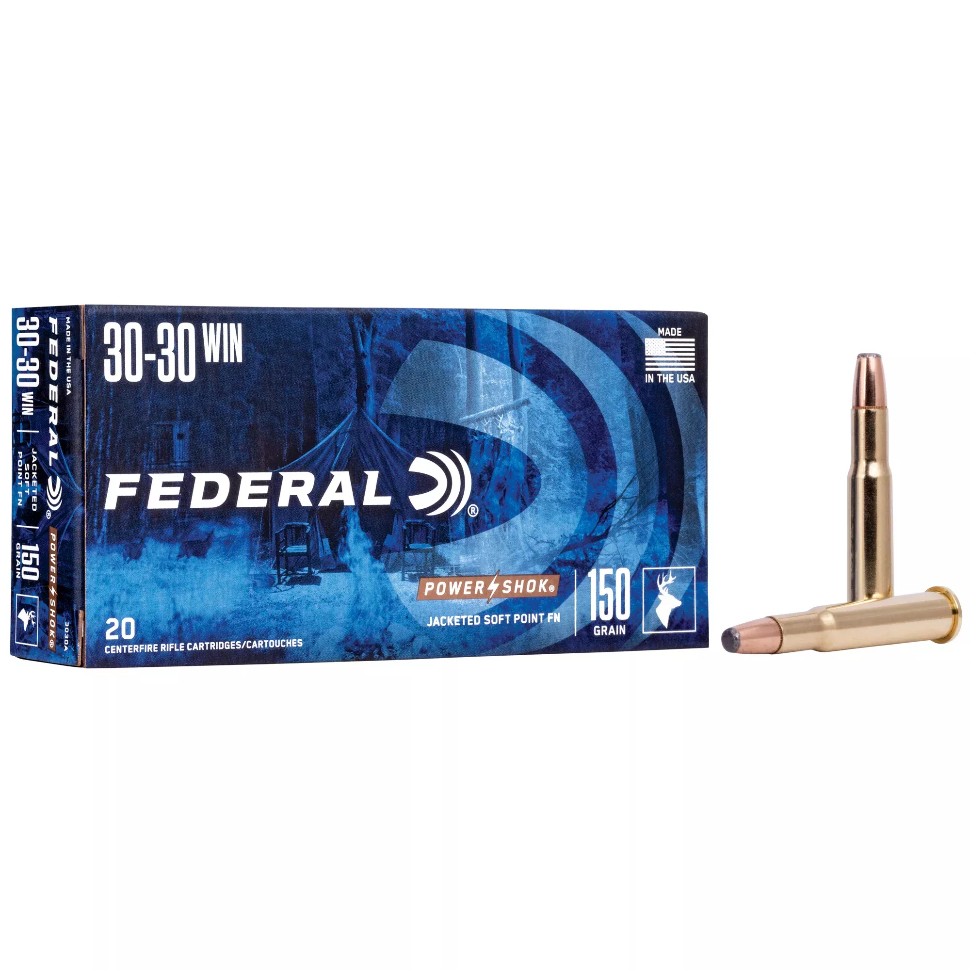 Federal Power-Shok 30-30 Winchester 150gr Jacketed Soft Point Flat Nose Rifle Ammo 3030A