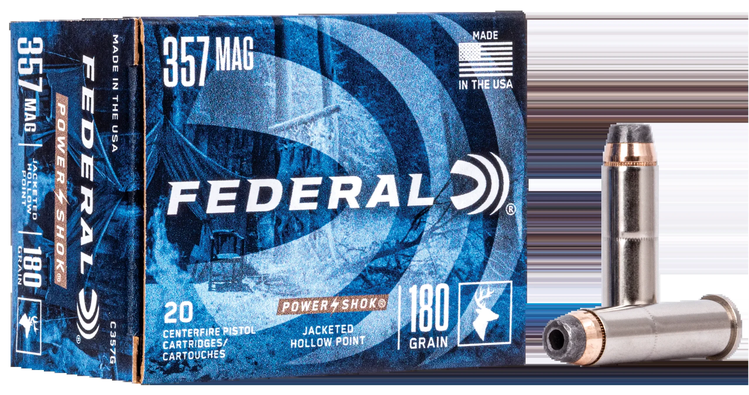 Federal Power-Shok .357 Magnum 180gr Jacketed Hollow Point Handgun Ammo, 20-Round Box C357G