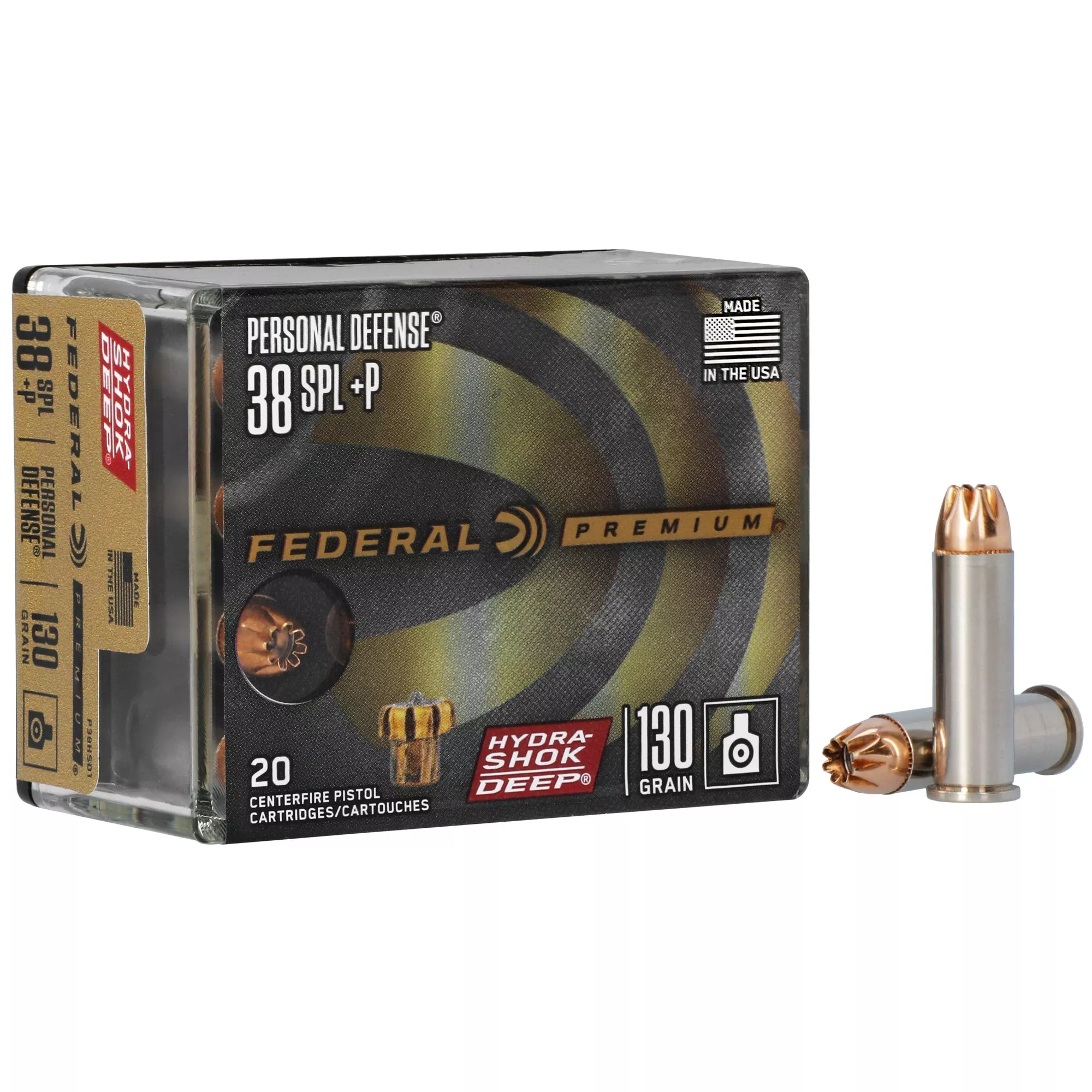 Federal Premium Hydra-Shok Deep .38 Special +P 130gr Jacketed Hollow Point Ammo, 20rd P38HSD1