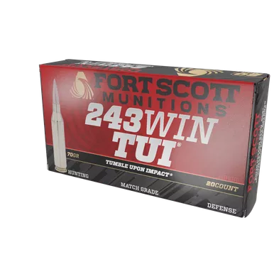 Fort Scott Munitions 243 WIN Tumble Upon Impact (TUI) - 70gr Solid Copper Spun, 20 Rounds per Box