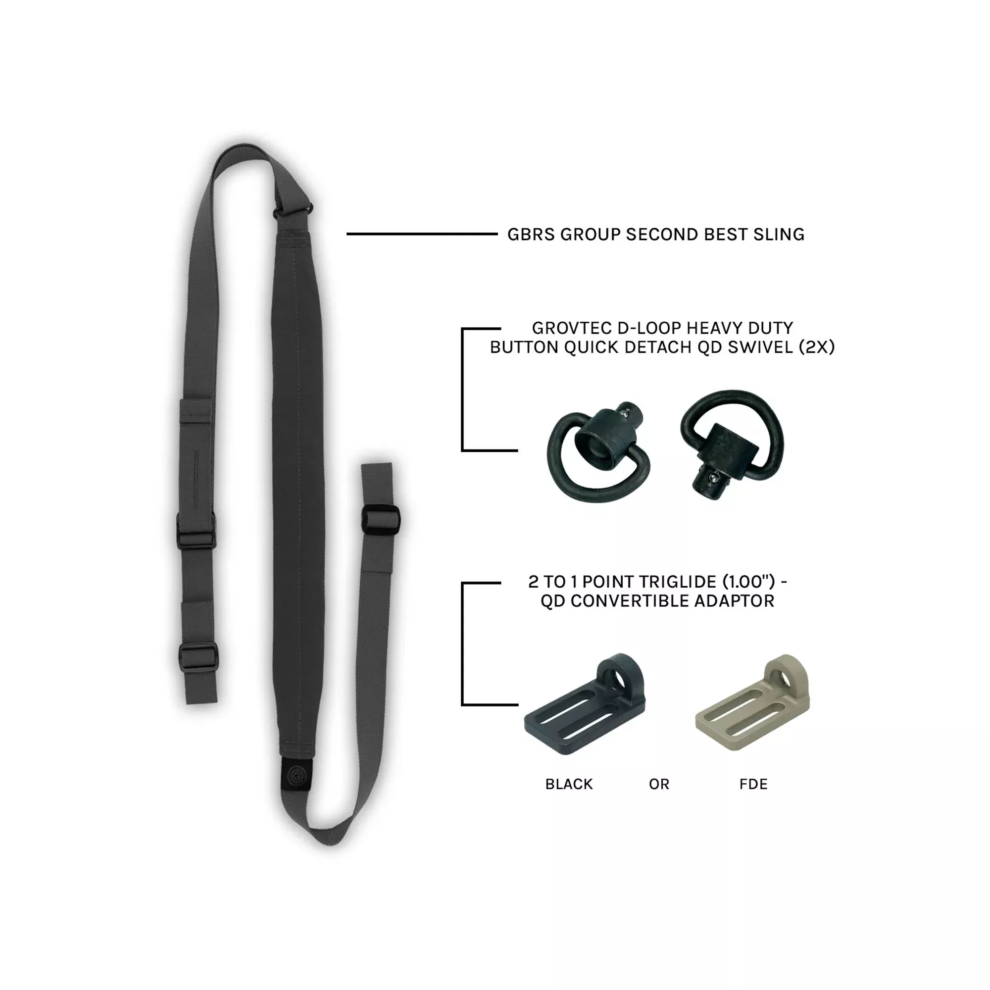 GBRS Group Second Best Sling Bundle, Adjustable Minimalist Rifle Sling with QD Swivels, Wolf Gray, GEAR-SBS-WG-B