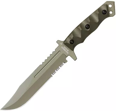 Halfbreed Blades Gen 2 Large Infantry Knife Fixed Blade - 6.89" K110 D2 OD Green Teflon Clip Point Combo Blade, OD Green Contoured G10 Handles, Molded Kydex Sheath