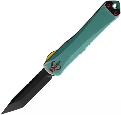 Heretic Knives Special Edition Manticore S Bounty Hunter OTF AUTO - 2.55" CPM-MagnaCut Battle Black Tanto Blade, Distressed Green Aluminum Handle with CamoCarbon Top - H023-8A-BOUNTY