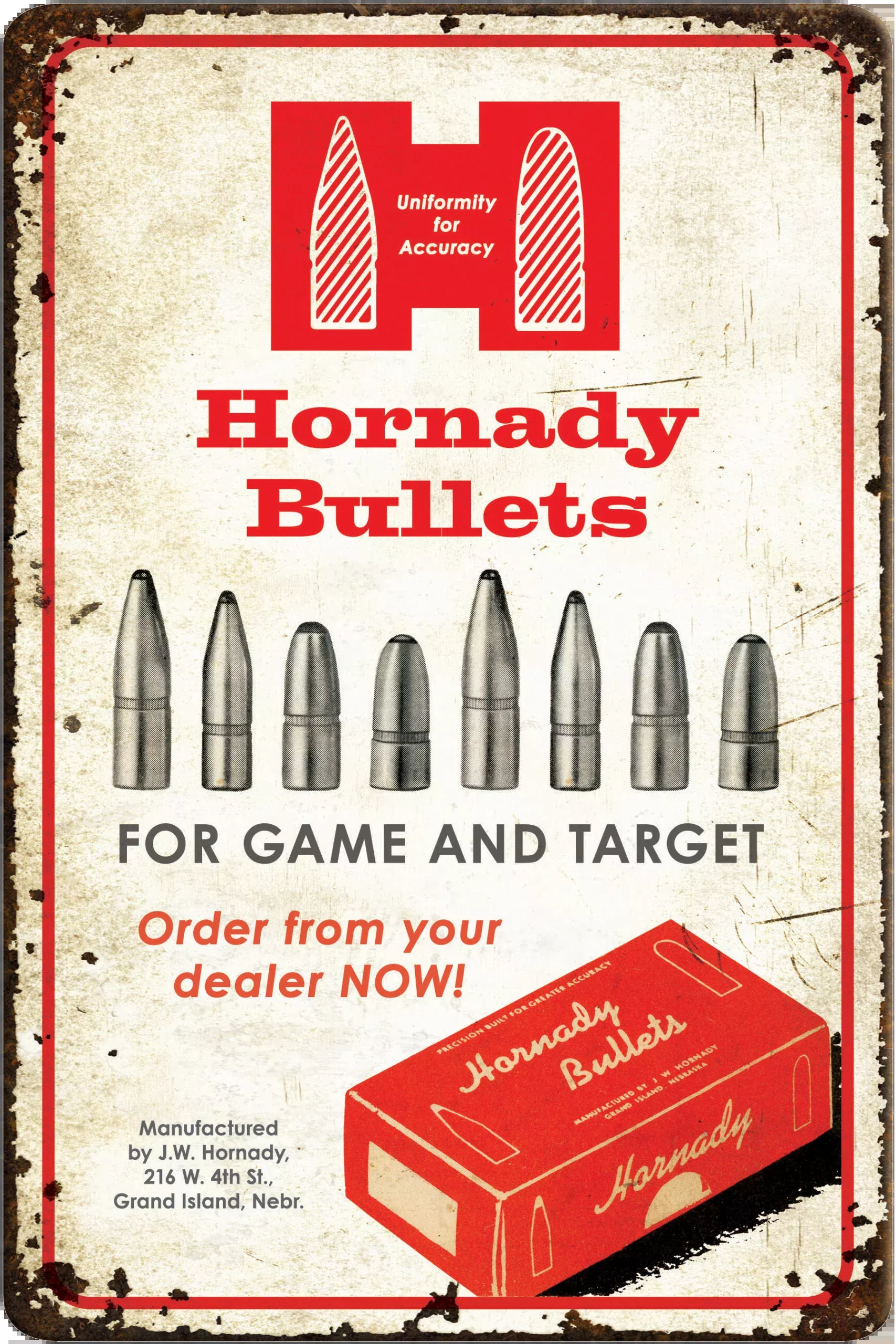 Hornady Bullets Tin Sign, Rustic Vintage Red/White Aluminum, 12 x 18 Inches, 99145