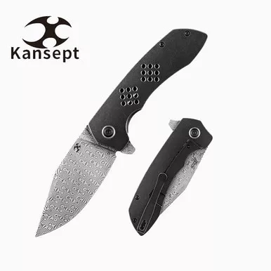 Kansept Knives Entity Flipper Knife - 3.52" Damascus Clip Point Blade, Black Stonewashed Titanium Handles - K1036B3