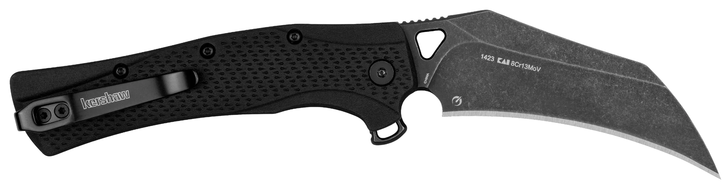 Kershaw 1423 DawnstarTactical 3.50" Folding Hawkbill Plain Blackwash 8Cr13MoV SS Blade, Black Textured Glass Filled Nylon Handle