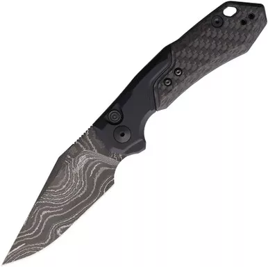 Kershaw 7851DAM Launch 19 AUTO Folding Knife - 3.3" Black Damascus Clip Point Blade, Black Anodized Aluminum Handles with Carbon Fiber Scale