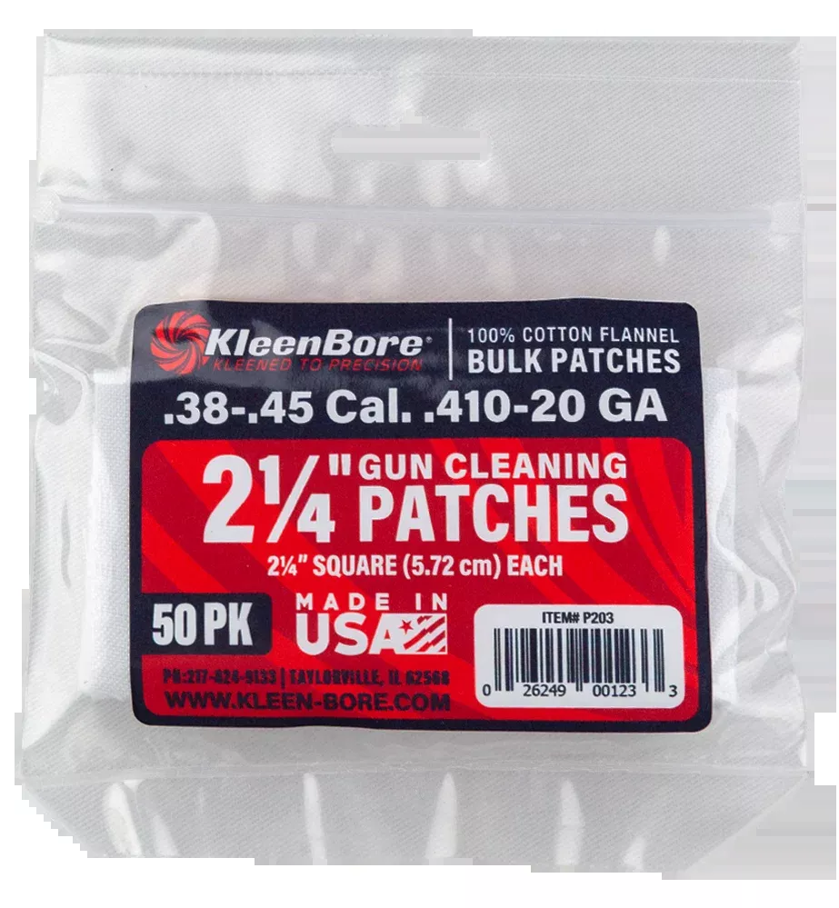 Kleen-Bore Super Shooter Cotton Flannel Gun Cleaning Patches, 2.25-inch Square, .38–.45 Caliber & .410–20 Gauge, P203
