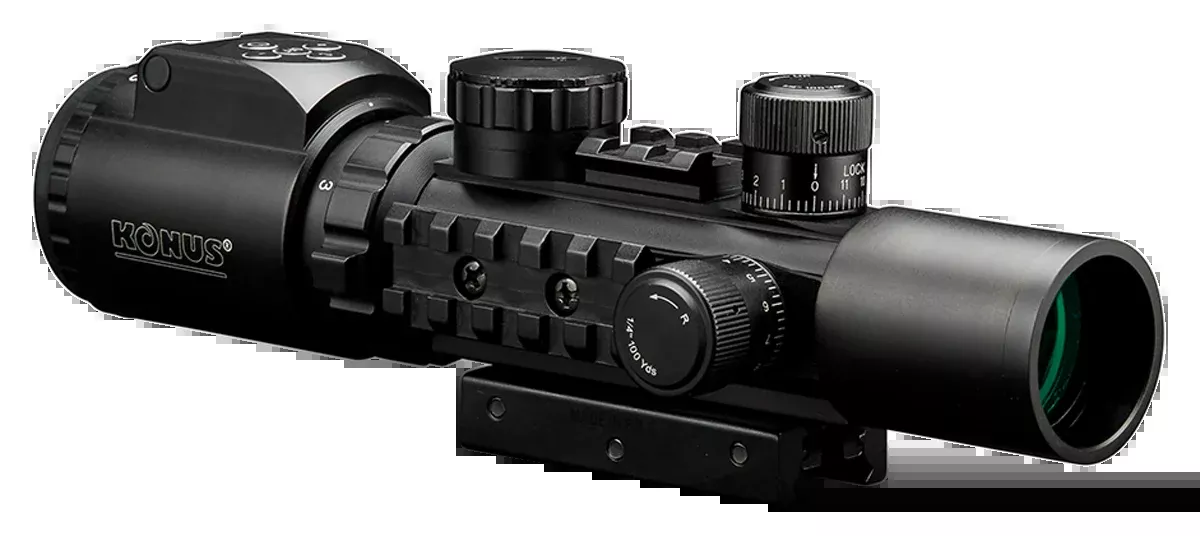 Konus KonusPro AS-34 2-6x28mm 34mm Tube Dual Illuminated Red/Green Engraved Mil-Dot Riflescope with Bubble Level - Matte Black
