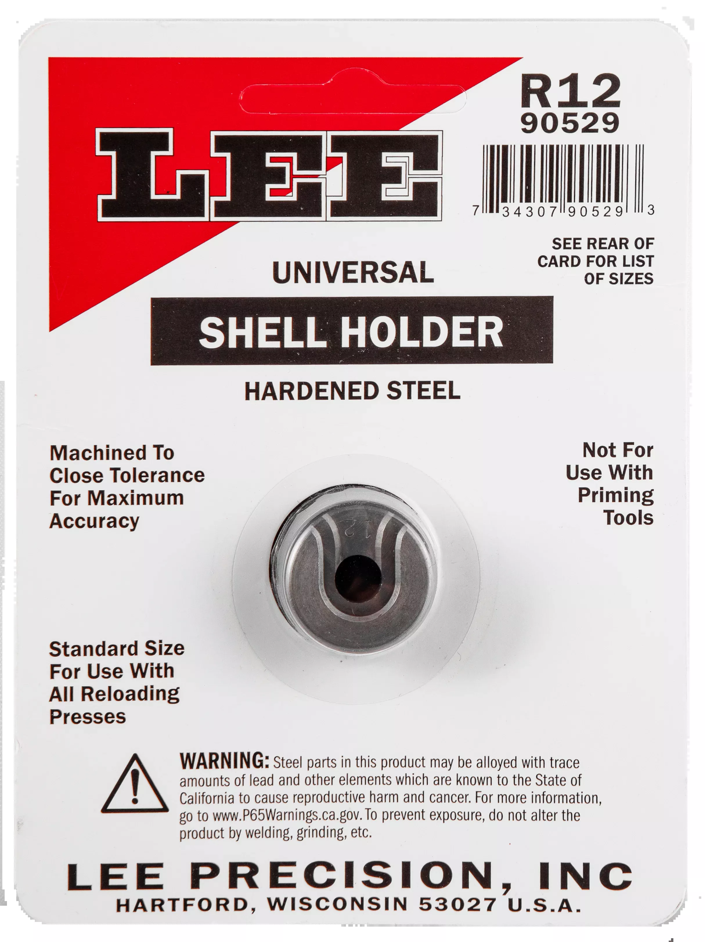 Lee Precision Universal Shell Holder #12R for Reloading Presses, Hardened Steel, 90529