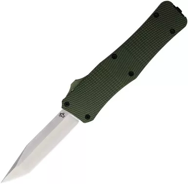 Mantis Knives MK 818 OFT AUTO Knife - 3.1" 440C Tanto Blade, Green Checkered Aluminum Handles - MANOTF815